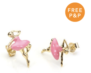 9ct Yellow Gold Pink Enamel Ballerina Stud Earrings - £30.60